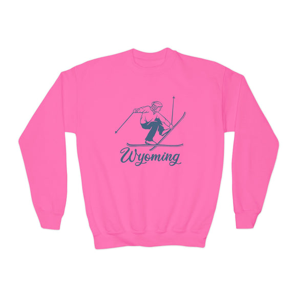 Wyoming Youth Crewneck Sweatshirt - Snowman Ski Snowman Unisex Kid's Wyoming Sweatshirt
