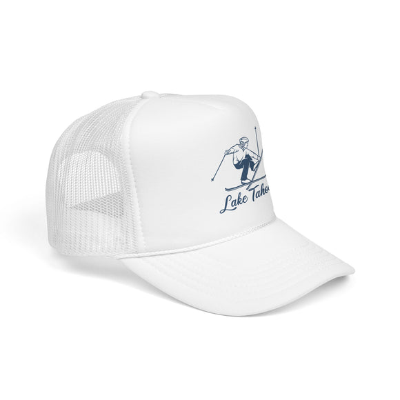 Lake Tahoe, California Snow Ski Trucker Hat — Retro Skier Foam Lake Tahoe Cap