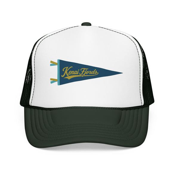 Kenai Fjords National Park Pennant Trucker Hat — Vintage Foam Mesh Cap