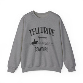 Buy graphite-heather Telluride, Colorado Sweatshirt - Colorado Cowgirl Graphic Crewneck