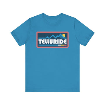 Buy aqua Telluride, Colorado T Shirt - Retro Graphic Tee - Mountain Box Patch