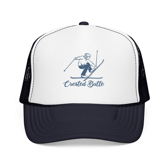 Crested Butte, Colorado Snow Ski Trucker Hat — Retro Skier Foam Crested Butte Cap