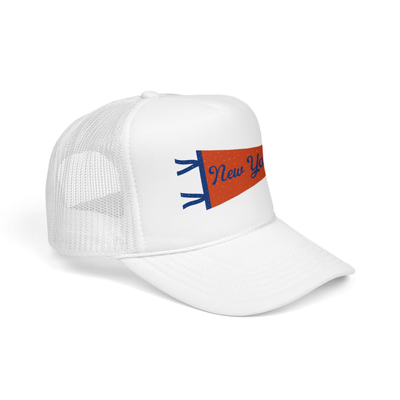 New York Pennant Trucker Hat — Vintage Foam Mesh Cap