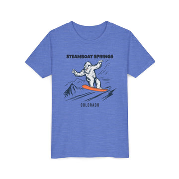Buy heather-columbia-blue Steamboat Springs, Colorado Yeti Snowboard Youth Tee - Kids Skiing Shirt
