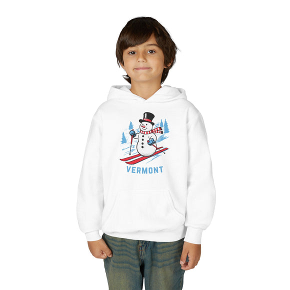 Vermont Youth Hoodie - Skiing Snowman Kids Vermont Hooded Sweatshirt