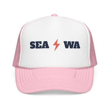 Buy light-pink-white Seattle, Washington Retro Trucker Hat - Lightning Foam Cap - Lightning