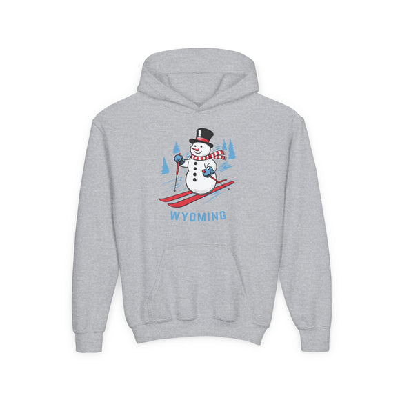 Wyoming Youth Hoodie - Skiing Snowman Kids Wyoming Hooded Sweatshirt