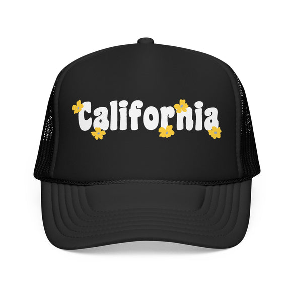 California Foam Trucker Hat — Retro Daisy Logo Mesh Cap