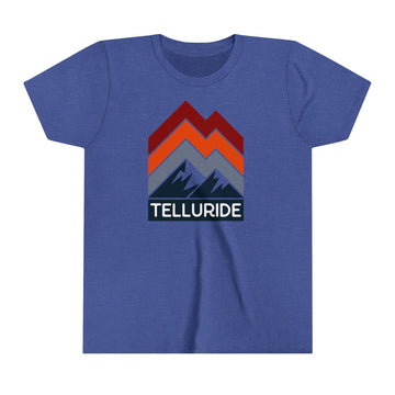 Buy heather-true-royal Telluride, Colorado Youth Shirt - Retro Mountain Telluride Kid's T-Shirt - Chevron Peaks