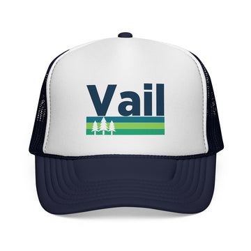 Buy dark-navy Vail, Colorado Retro Trees Trucker Hat - Vintage Style Vail Cap