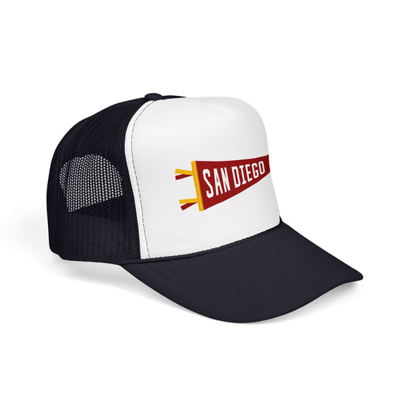 San Diego, California Pennant Trucker Hat — Retro Flag Foam Cap