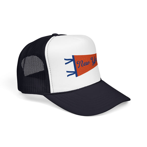 New York Pennant Trucker Hat — Vintage Foam Mesh Cap