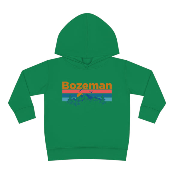 Bozeman Toddler Hoodie - Retro Mountain Sun Unisex Bozeman Toddler Sweatshirt