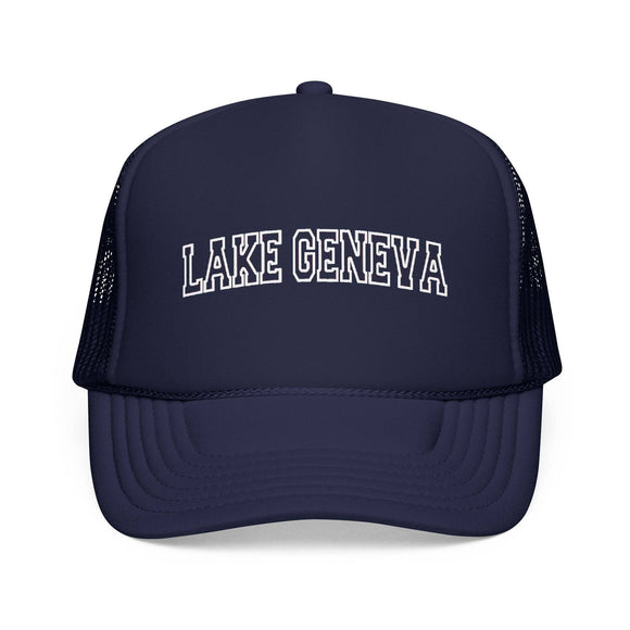 Kids Lake Geneva, Wisconsin Trucker Hat Vintage College Foam on white background