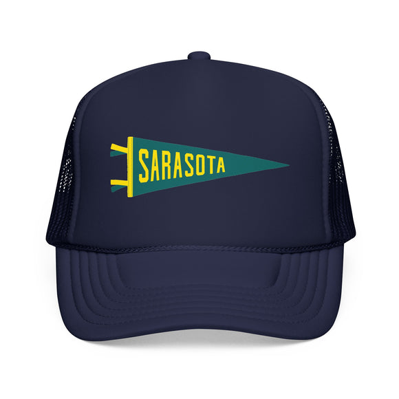 Sarasota, Florida Pennant Trucker Hat — Retro Flag Foam Cap