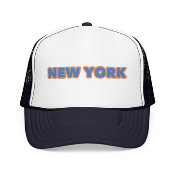 Buy navy-white-navy New York Foam Trucker Hat - Retro Orange &amp; Blue City Patch