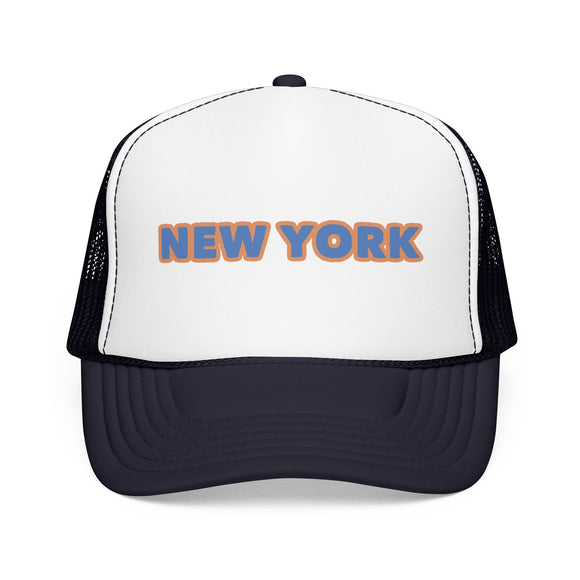 New York Foam Trucker Hat - Retro Orange & Blue City Patch