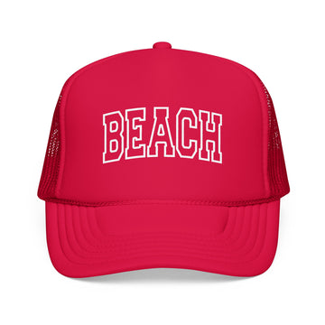 Buy red Beach Trucker Hat — Vintage College Foam Mesh Cap