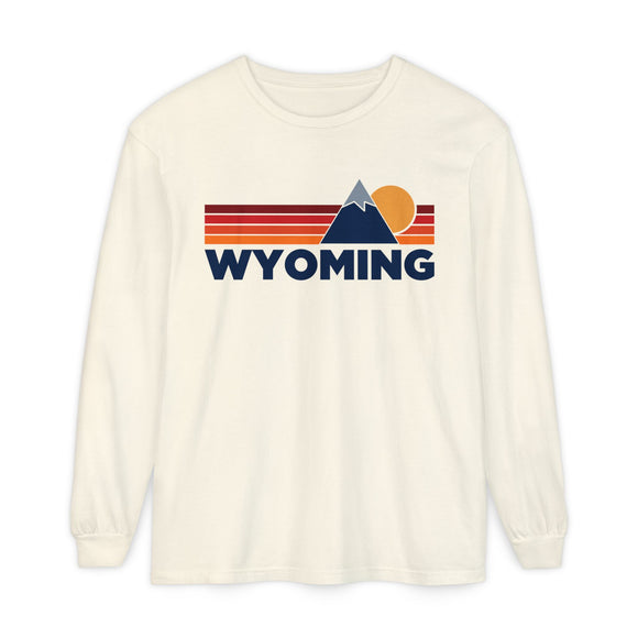Wyoming Long Sleeve T-Shirt Retro Mountain, Unisex Wyoming Unisex Garment-dyed Long Sleeve T-Shirt