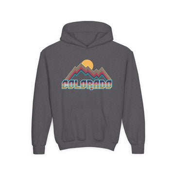 Buy dark-heather Colorado Youth Hoodie - Retro Mountain Colorado Youth Sweatshirt