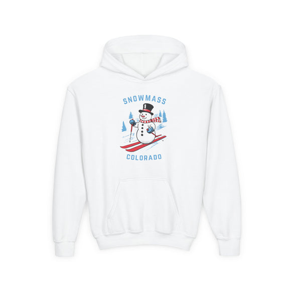 Snowmass, Colorado Youth Hoodie - Skiing Snowman Kids Snowmass Hooded Sweatshirt