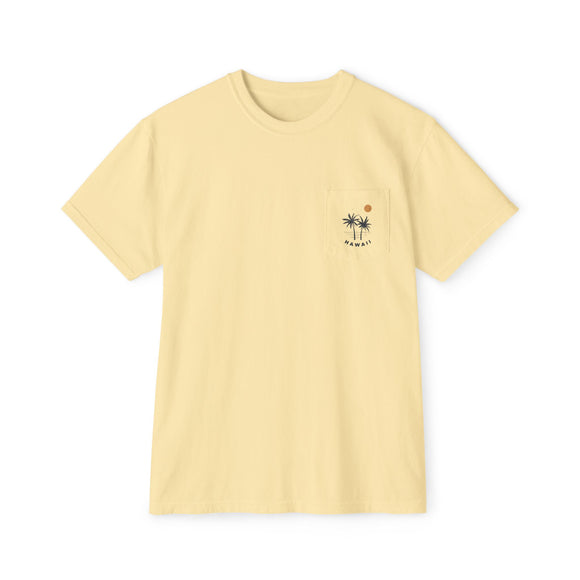 Hawaii Palm Tree Pocket Tee, Summer Coastal Vibes Top, Beach Apparel - Comfort Colors Graphic T Shirt