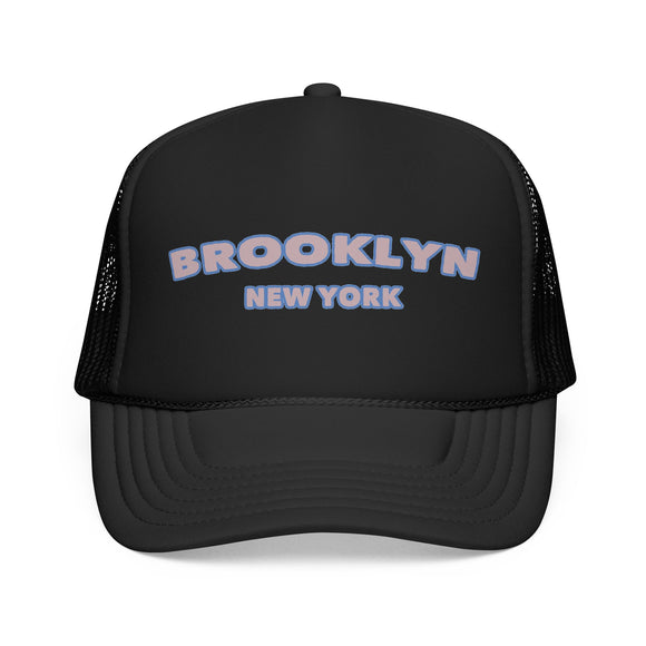 Brooklyn, New York Foam Trucker Hat - Retro Pastel Script Mesh Cap