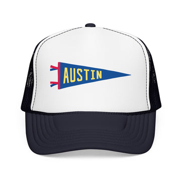 Buy navy-white-navy Austin, Texas Pennant Trucker Hat — Retro Flag Foam Cap
