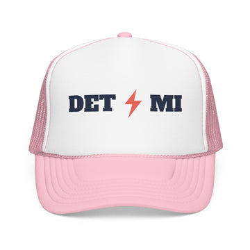 Buy light-pink-white Detroit, Michigan Retro Trucker Hat - Lightning Foam Cap - Lightning