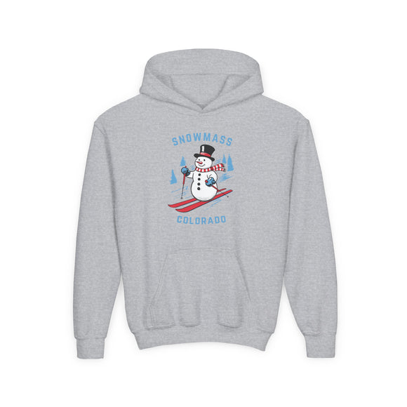 Snowmass, Colorado Youth Hoodie - Skiing Snowman Kids Snowmass Hooded Sweatshirt