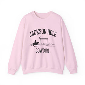 Buy light-pink Jackson Hole, Wyoming Sweatshirt - Mountain Cowgirl Graphic Crewneck