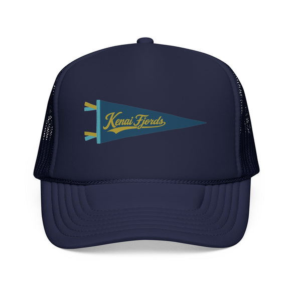 Kenai Fjords National Park Pennant Trucker Hat — Vintage Foam Mesh Cap