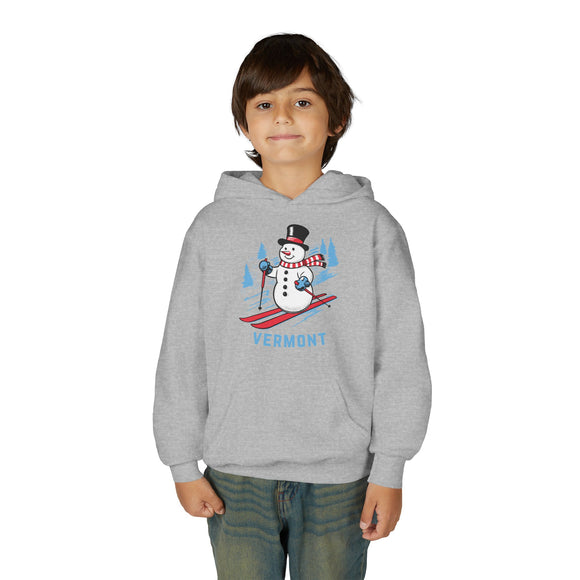 Vermont Youth Hoodie - Skiing Snowman Kids Vermont Hooded Sweatshirt