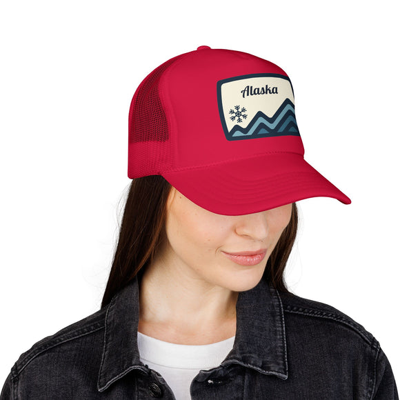 Alaska Retro Mountain Foam Trucker Hat — Vintage Snowflake