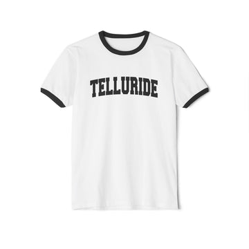 Buy white-black Telluride, Colorado Cotton Ringer Graphic Tee - Unisex Telluride T Shirt, Vintage Style Tee, Men's/Women's Tee
