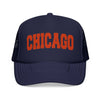 Kids Chicago Foam Trucker Hat – Vintage Orange Arch Logo Mes on white background