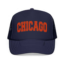 Kids Chicago Foam Trucker Hat – Vintage Orange Arch Logo Mes on white background