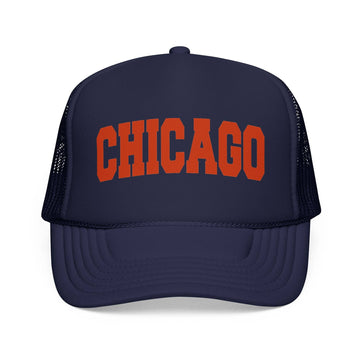 Kids Chicago Foam Trucker Hat – Vintage Orange Arch Logo Mes on white background