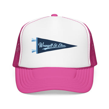 Buy hot-pink-white-hot-pink Wrangell-St Elias National Park Pennant Trucker Hat — Vintage Foam Mesh Cap