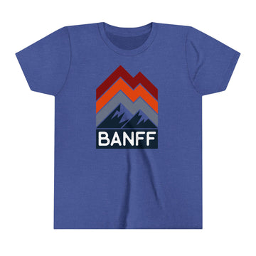 Buy heather-true-royal Banff, Canada Youth Shirt - Retro Mountain Banff Kid's T-Shirt - Chevron Peaks