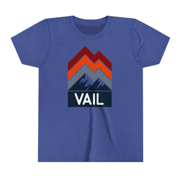 Buy heather-true-royal Vail, Colorado Youth Shirt - Retro Mountain Vail Kid's T-Shirt - Chevron Peaks