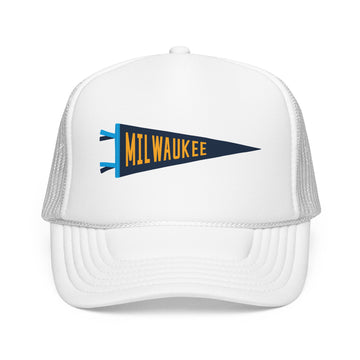 Buy white Milwaukee, Wisconsin Pennant Trucker Hat — Retro Flag Foam Cap