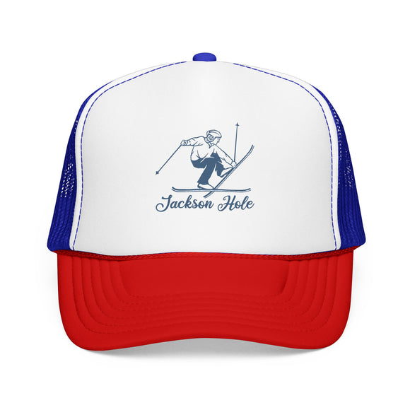 Jackson Hole, Wyoming Snow Ski Trucker Hat — Retro Skier Foam Jackson Hole Cap