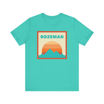 Buy teal Retro Bozeman, Montana T-Shirt, Mountain Sun Tee, Unisex Graphic Shirt, Vintage Bozeman, Montana Top, Outdoor Adventure Clothing