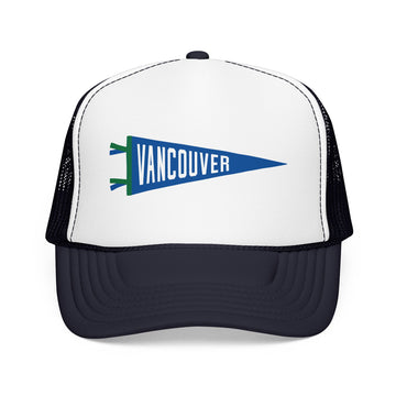 Buy navy-white-navy Vancouver, British Columbia Pennant Trucker Hat — Retro Flag Foam Cap