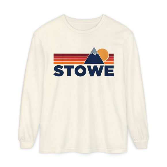 Stowe, Vermont Long Sleeve T-Shirt Retro Mountain, Unisex Stowe Unisex Garment-dyed Long Sleeve T-Shirt