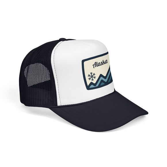 Alaska Retro Mountain Foam Trucker Hat — Vintage Snowflake
