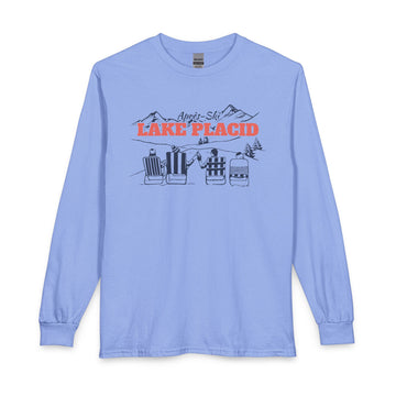 Buy carolina-blue Lake Placid, New York Après-ski Long Sleeve Shirt - Mountain Retro Skiing