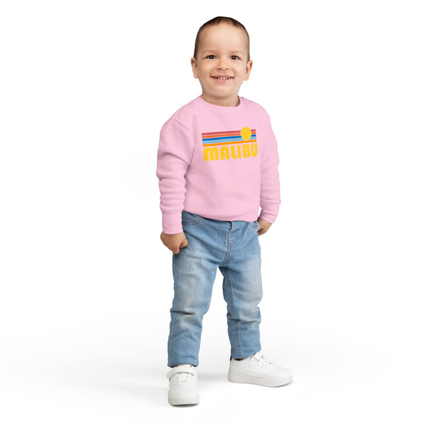Malibu, California Toddler Sweatshirt - Retro Sun Malibu Toddler Crewneck Sweatshirt