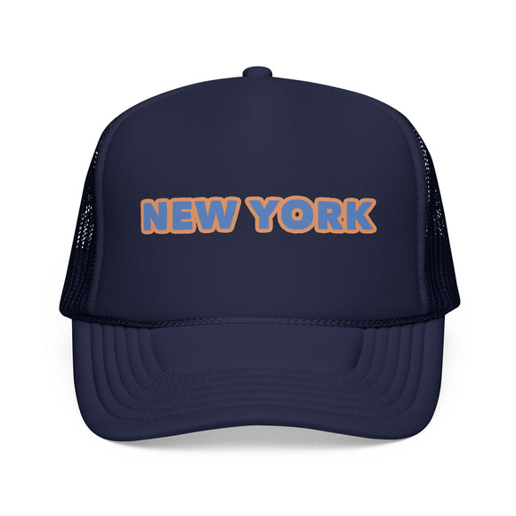 New York Foam Trucker Hat - Retro Orange & Blue City Patch